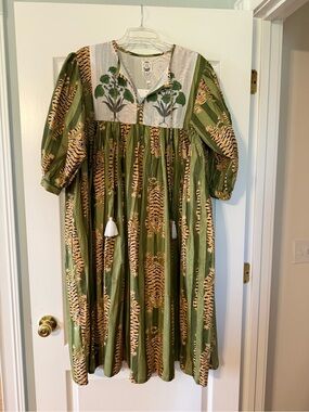 Green Tiger Print Cotton Midi Dress with Embroidered Yoke